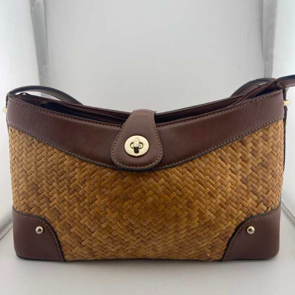 Vintage ETIENNE AIGNER woven rattan and oxblood burgundy leather handbag with go